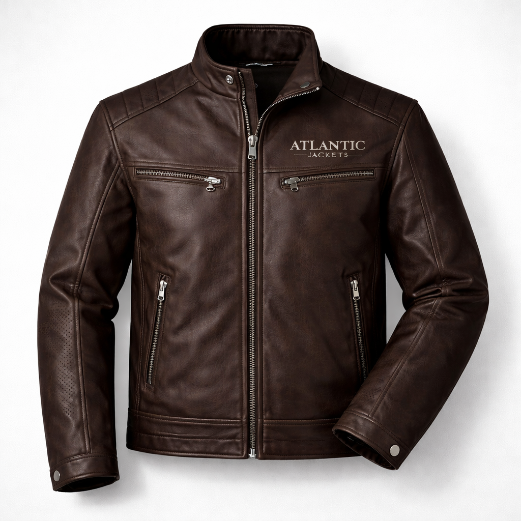 Brown leather jacket with 'Atlantic Jackets' logo on a white background