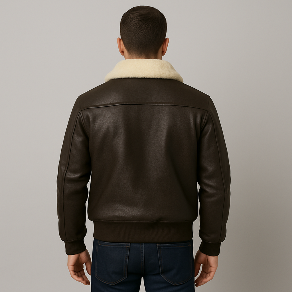Man wearing a brown leather jacket with a cream collar against a gray background