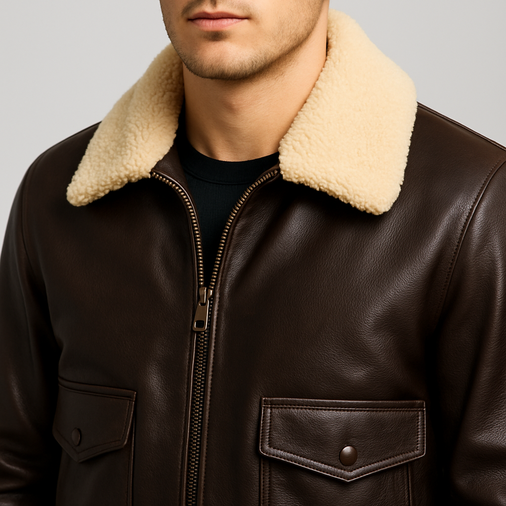 Brown leather jacket with beige fur collar on a neutral background