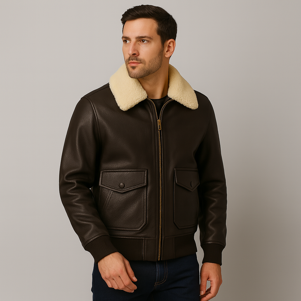Man wearing a brown leather jacket with cream fur collar against a gray background