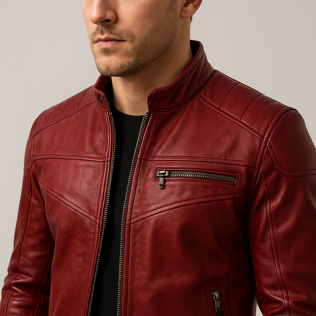 Red leather jacket worn by a person on a neutral background