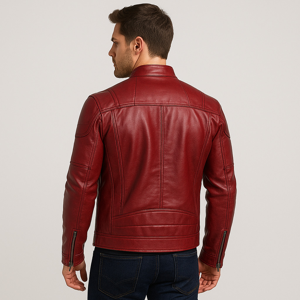 Man wearing a red leather jacket on a light gray background