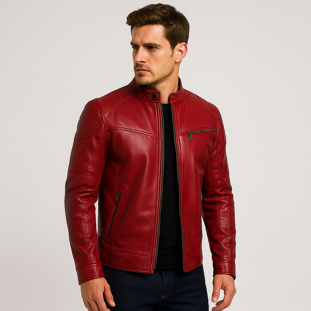 Man wearing a red leather jacket on a light gray background