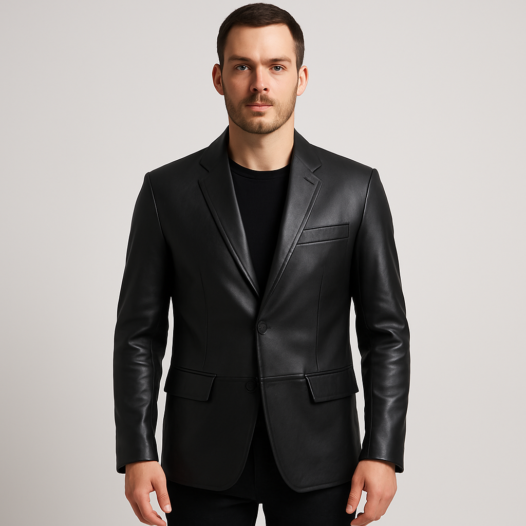 Man wearing a black leather jacket on a light gray background
