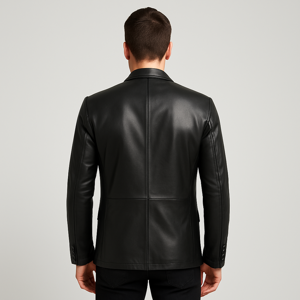 Man wearing a black leather jacket on a gray background