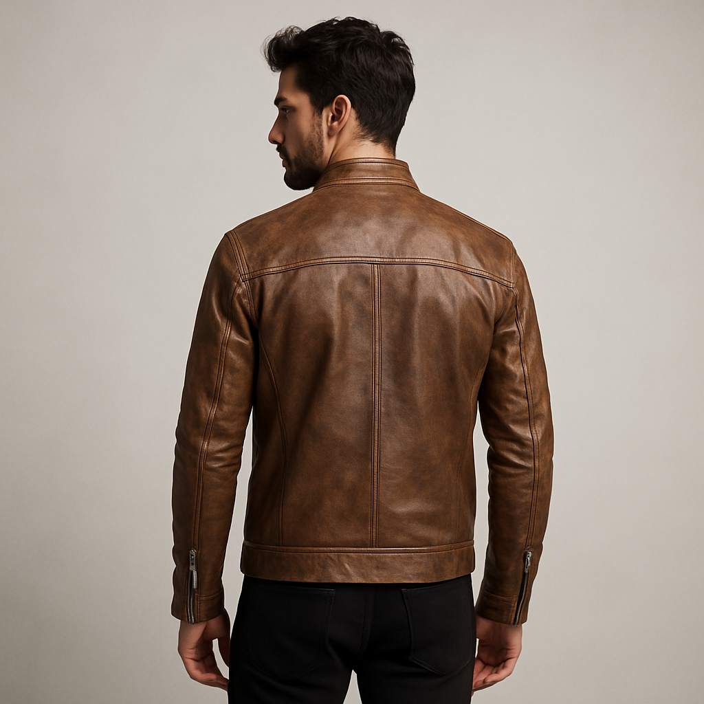 Man wearing a brown leather jacket against a plain background
