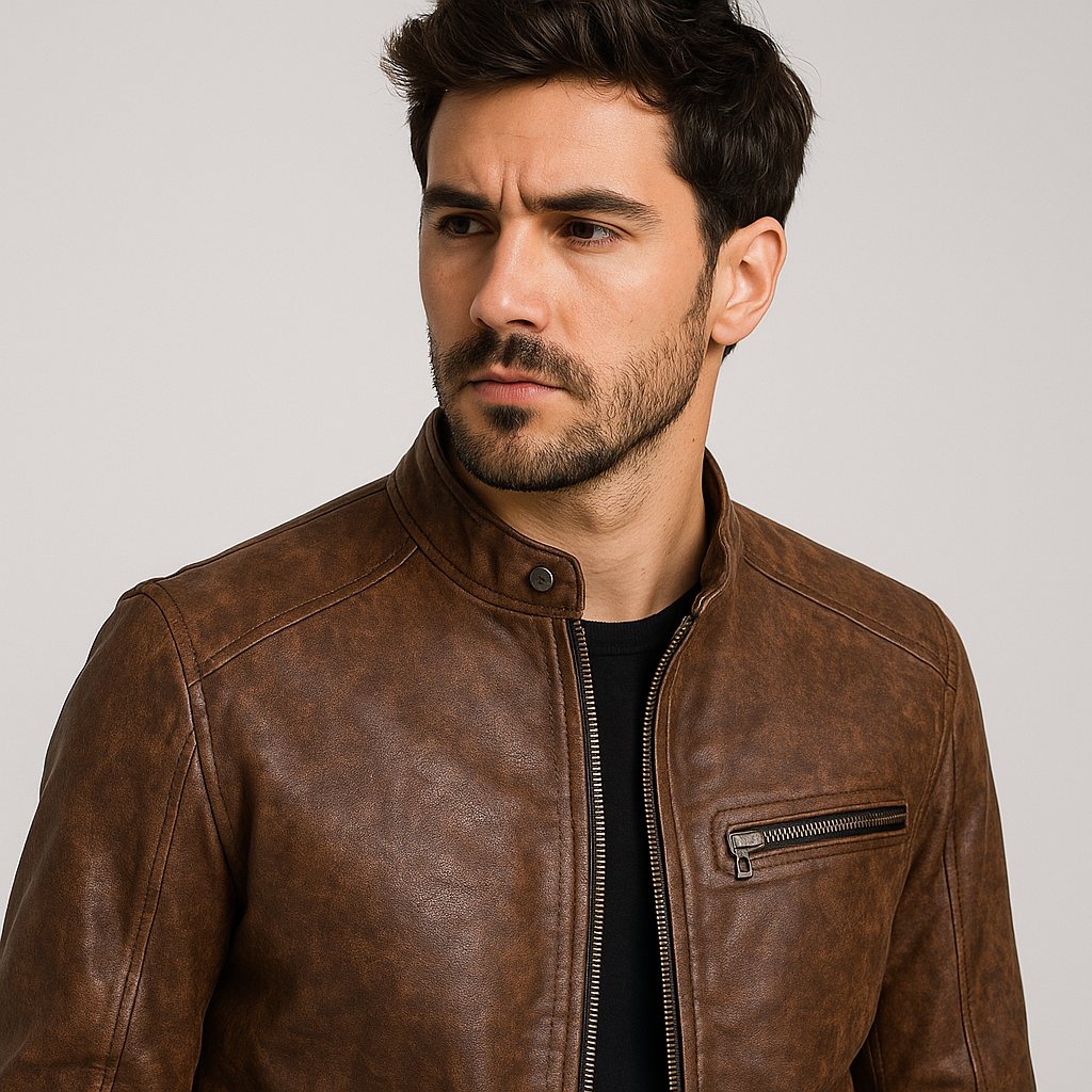 Man wearing a brown leather jacket against a plain background