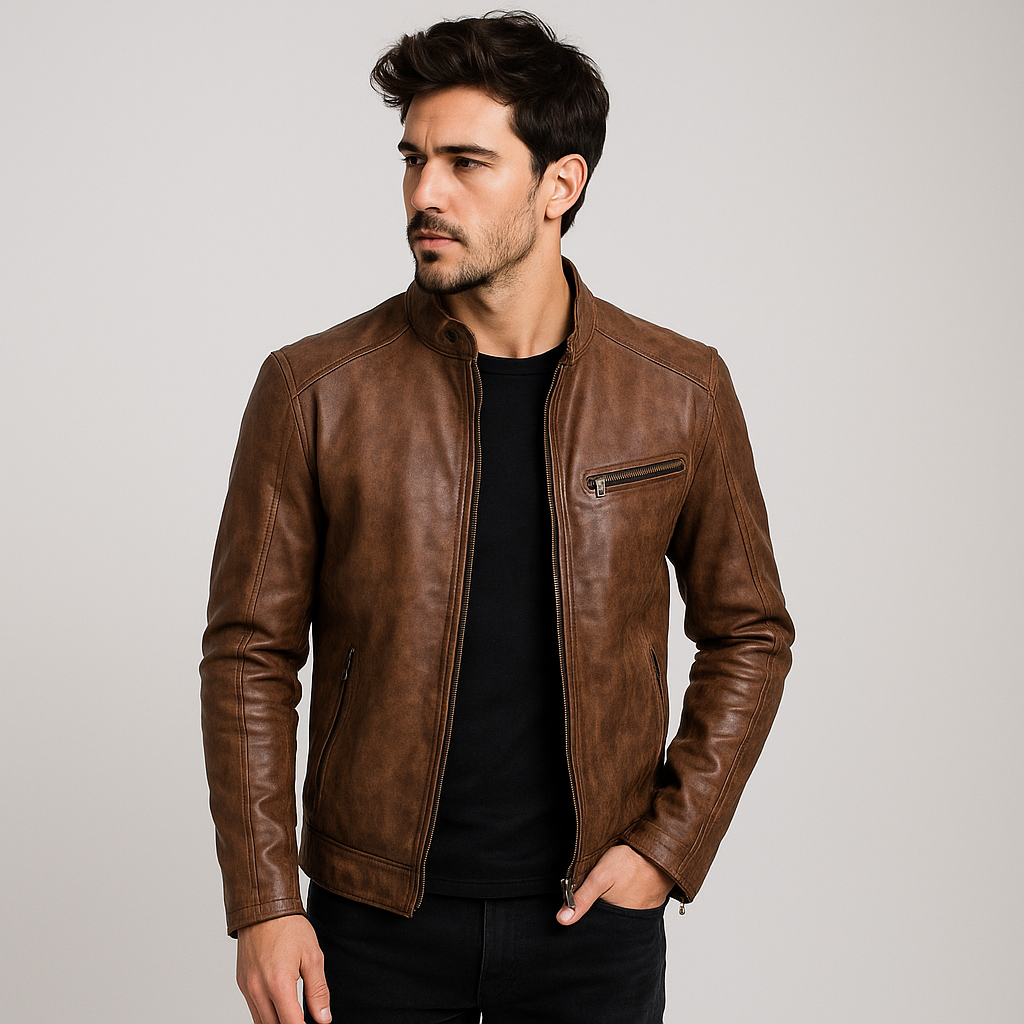 Man wearing a brown leather jacket on a gray background
