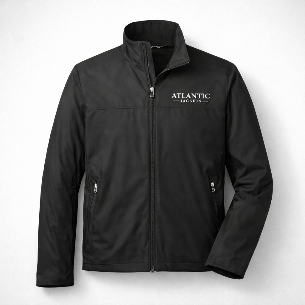 Black jacket with 'Atlantic Jackets' logo on a white background
