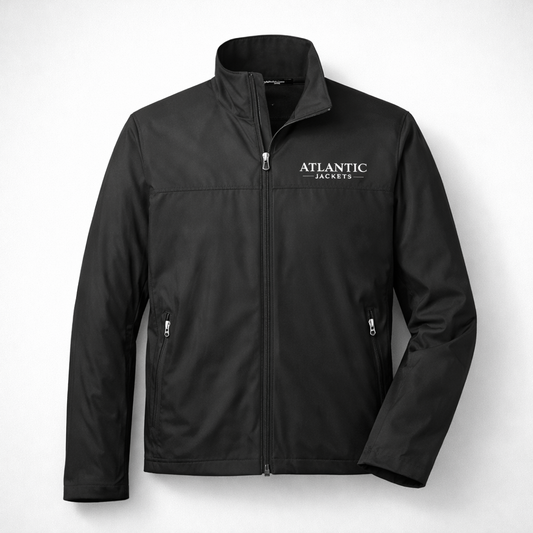 Black jacket with 'Atlantic Jackets' logo on a white background