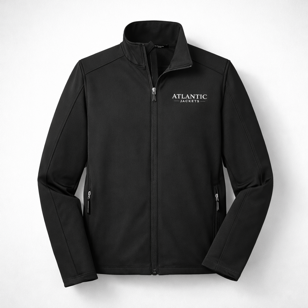Black jacket with 'Atlantic Jackets' logo on a white background