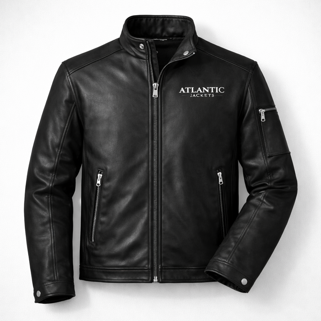Black leather jacket with 'Atlantic Jackets' logo on a white background