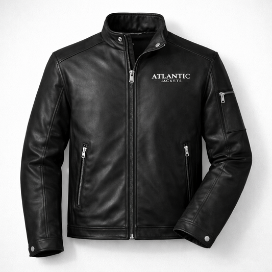 Black leather jacket with 'Atlantic Jackets' logo on a white background