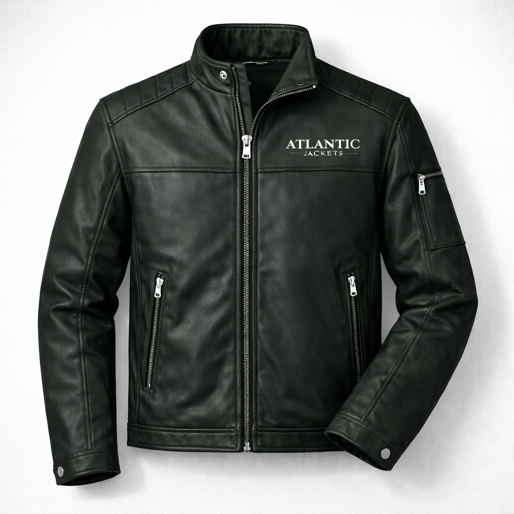 Black leather jacket with 'Atlantic Jackets' branding on a white background