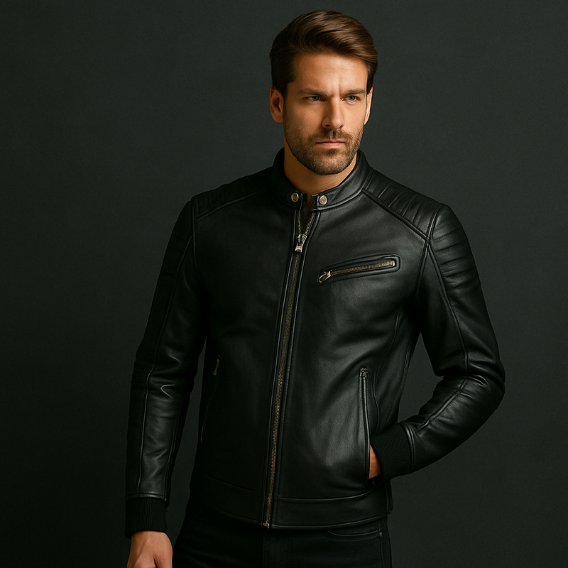 Man wearing a black leather jacket against a dark background