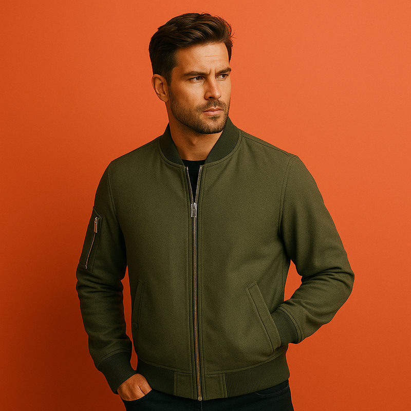 Man wearing a green bomber jacket against an orange background