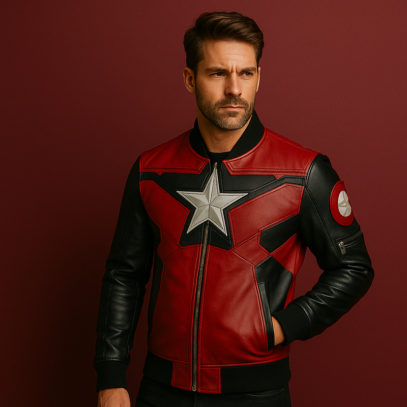 Man wearing a red and black leather jacket with a star emblem on a red background