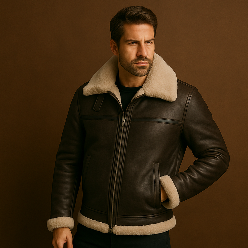 Man wearing a brown leather jacket with beige fur lining on a brown background