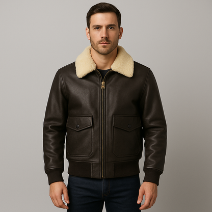 Man wearing a brown leather jacket with beige fur collar on a gray background