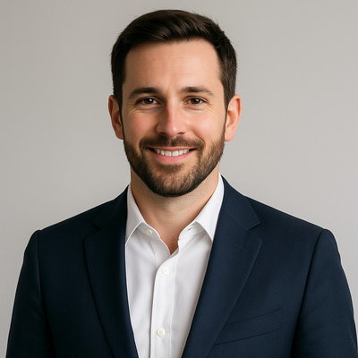 Man wearing a dark suit and white shirt against a gray background