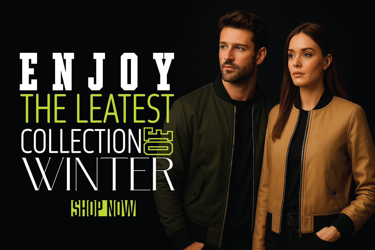 Two people wearing winter jackets with promotional text on a black background