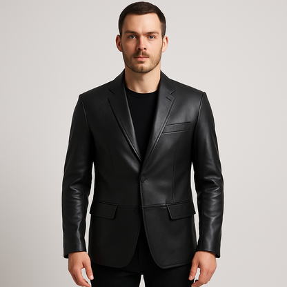 Man wearing a black leather jacket on a light gray background