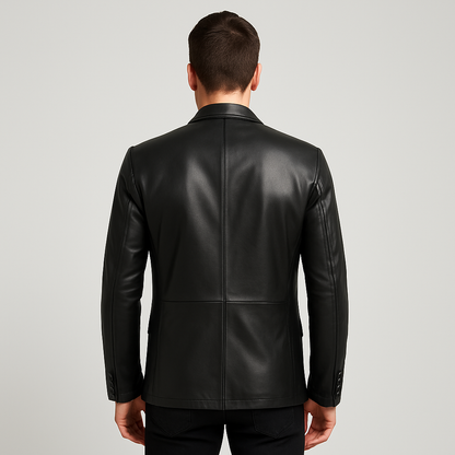 Man wearing a black leather jacket on a gray background