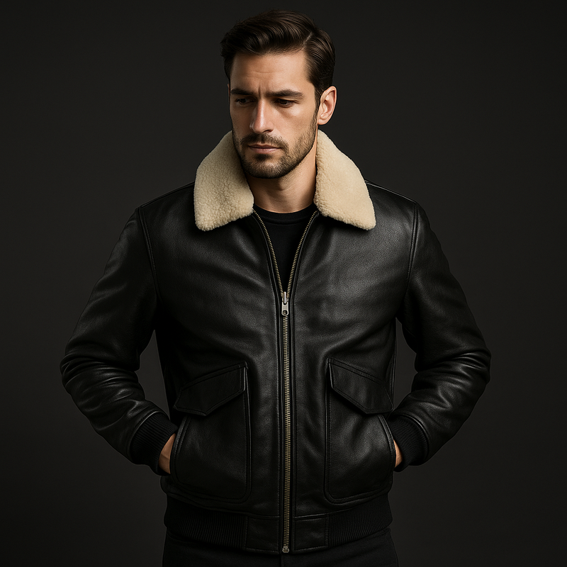 Man wearing a black leather jacket with beige fur collar against a dark background
