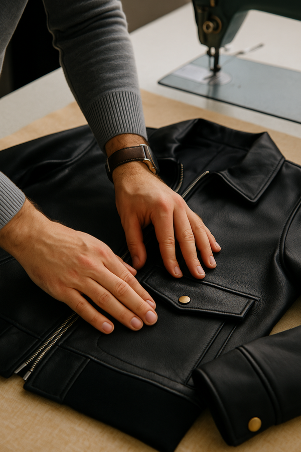 Person adjusting a black leather jacket on a sewing machine table.
