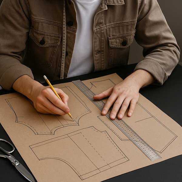 Person working on fashion design with patterns and tools on a table