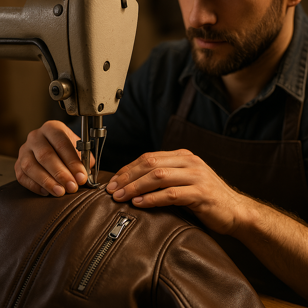 Person working on a leather jacket with a sewing machine