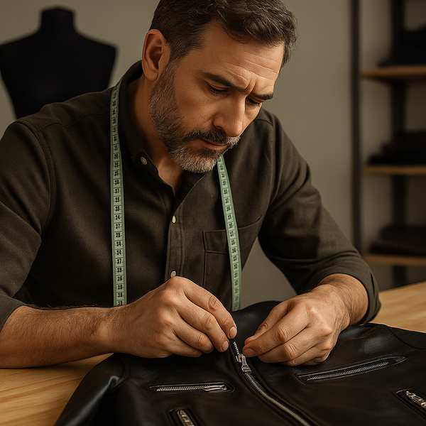 Man working on a leather jacket with a measuring tape around his neck in a workshop setting.
