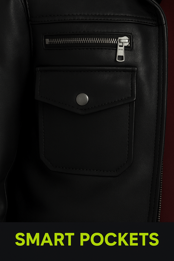 Black leather jacket with a pocket and zipper, labeled 'Smart Pockets'.